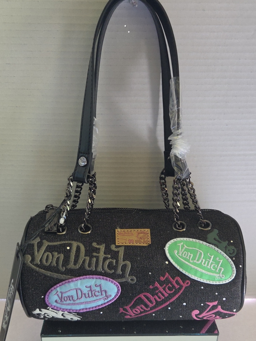 Von Dutch Black Denim Barrel Bag with Multicolor Logo Patches